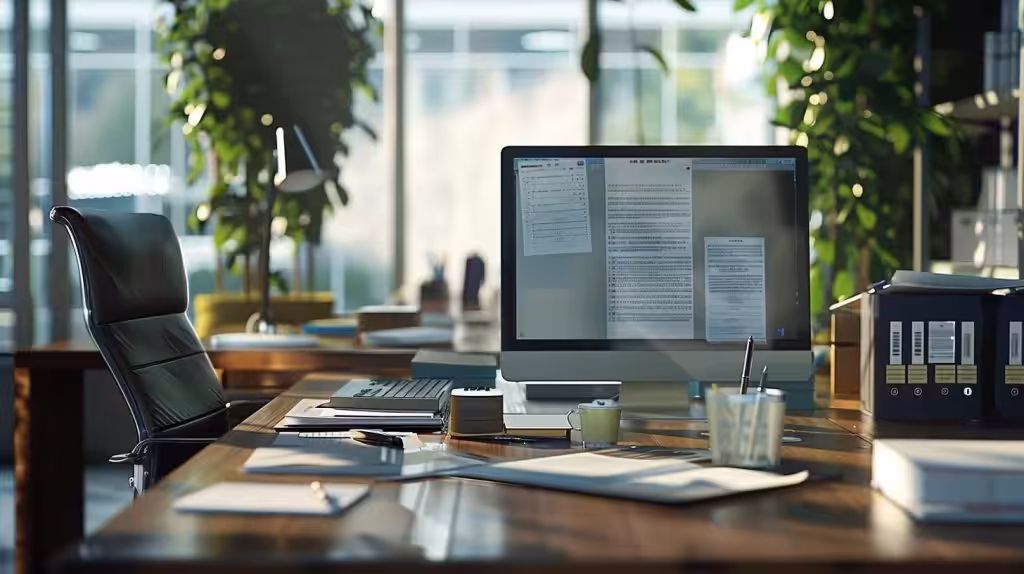 a focused interior scene depicting a professional office environment with a sleek desk, organized paperwork, and a computer displaying insurance claim forms, conveying a sense of efficiency and precision in handling water damage claims in charlotte.
