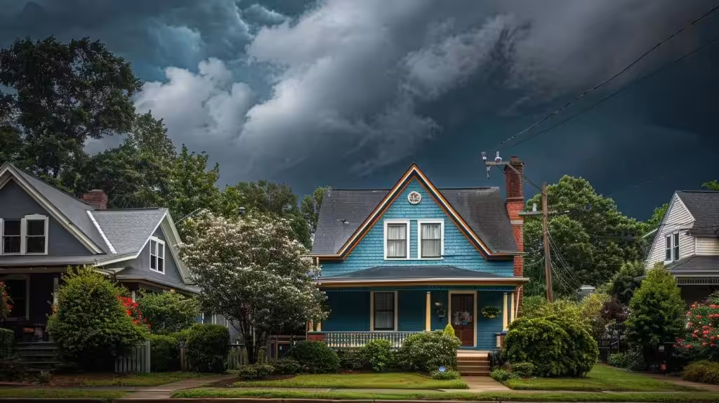 a striking urban scene showcases an older home in charlotte, accentuated by dark storm clouds overhead, reflecting the tension between local building codes and the pressing risk of water damage from the region's humid climate and erratic weather.