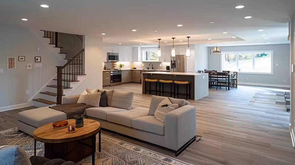 a modern charlotte home interior showcases a well-maintained basement with moisture-detection devices and organized maintenance tools, emphasizing proactive strategies to prevent water damage.