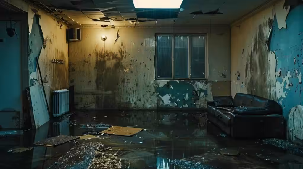 a visually striking urban scene showcasing a water-damaged home, with visibly peeling paint, a bulging wall, and water stains prominently marking the interior, illuminated by dramatic overhead lighting to emphasize the extent of the damage.
