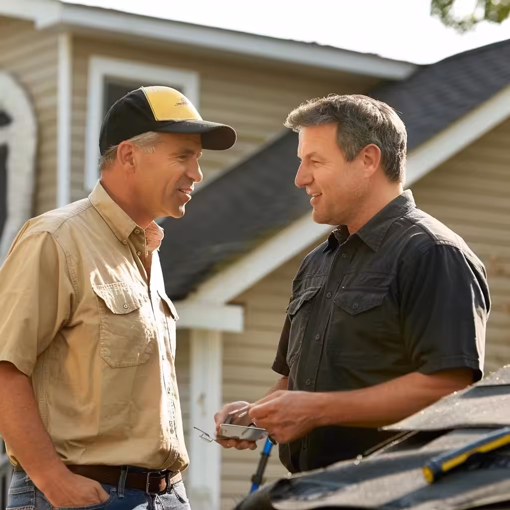 Contractor explaining hurricane roof repair costs to a homeowner in Charlotte, NC