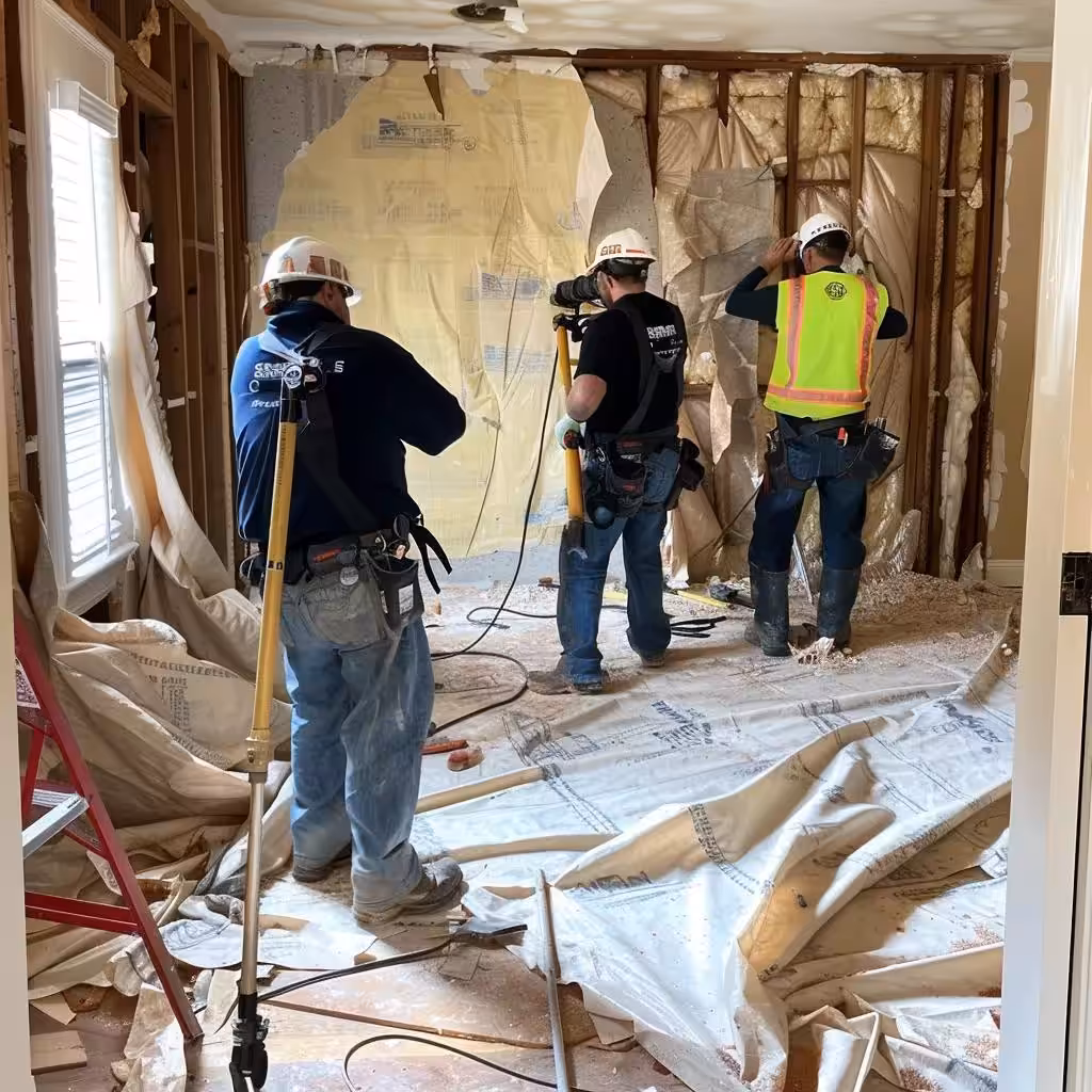 Restoration technicians inspecting a hurricane-damaged home and documenting damage