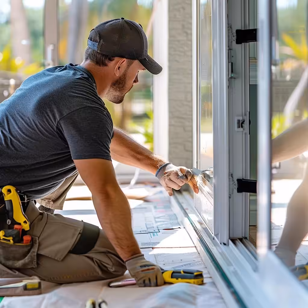Homeowner installing impact-resistant windows and doors for hurricane protection