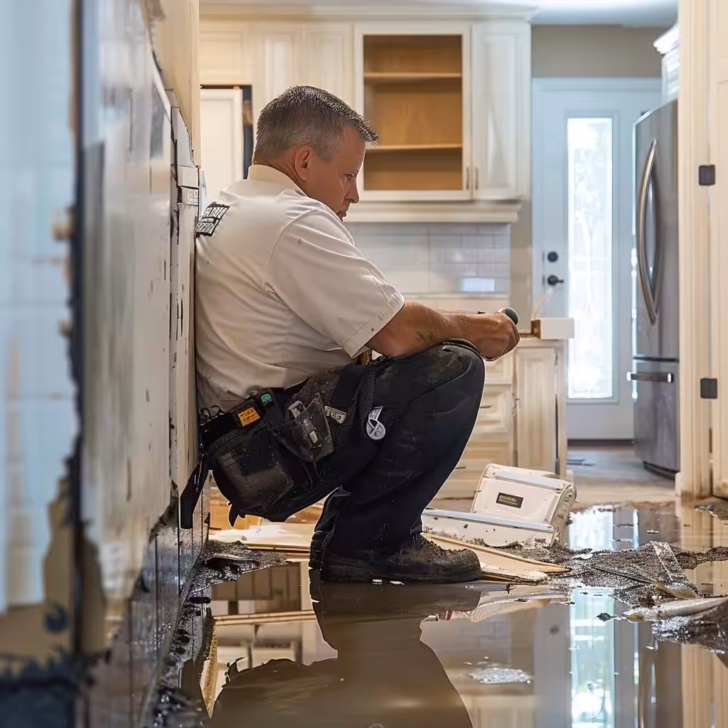 Restoration technician assessing water damage with a moisture meter in a flooded home