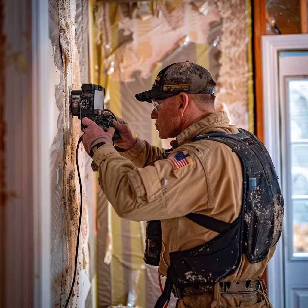 Professional using an infrared camera to detect hidden water damage in a home
