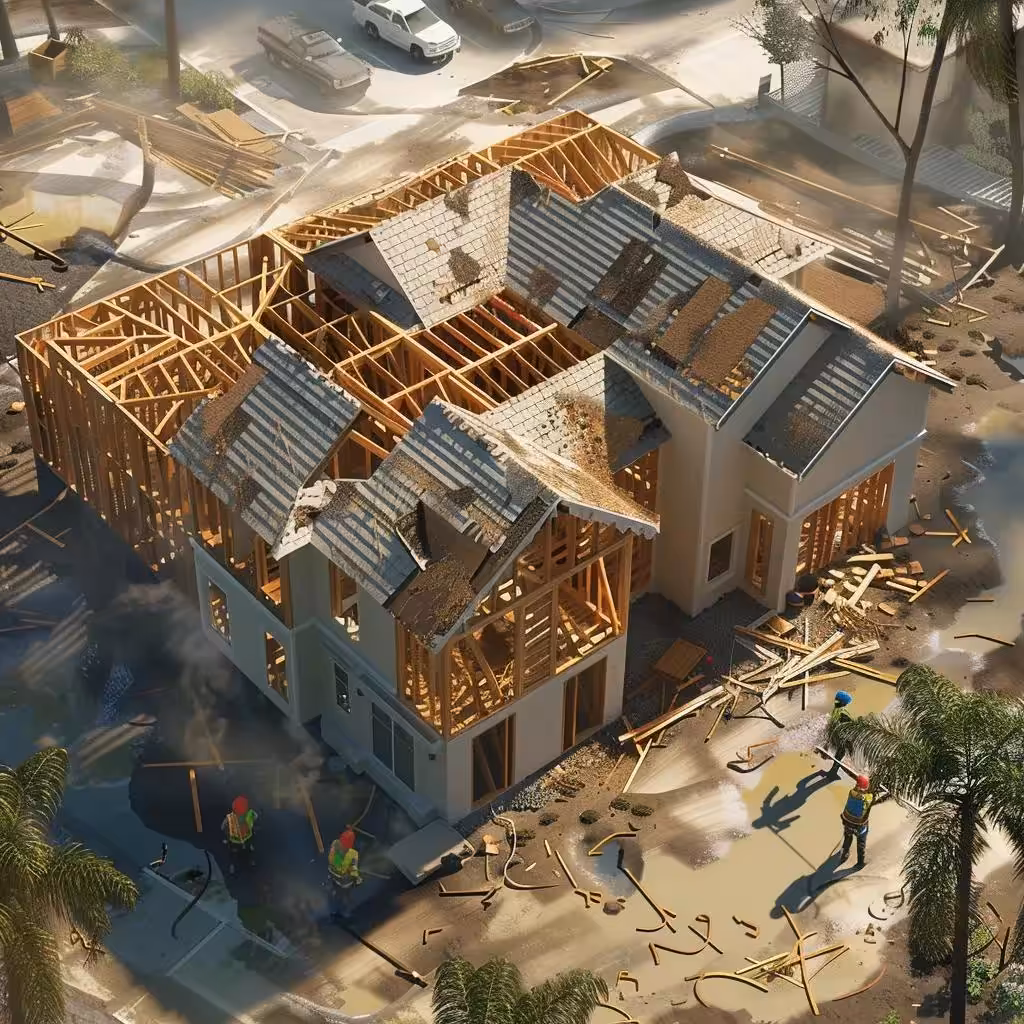 Construction site showing structural repairs being made after hurricane damage