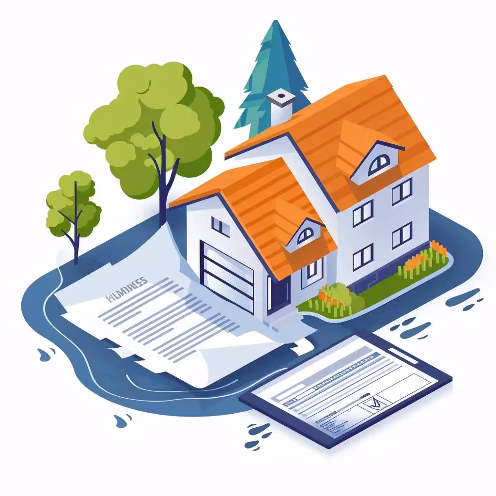 Illustration of flood insurance policy document with home protection elements