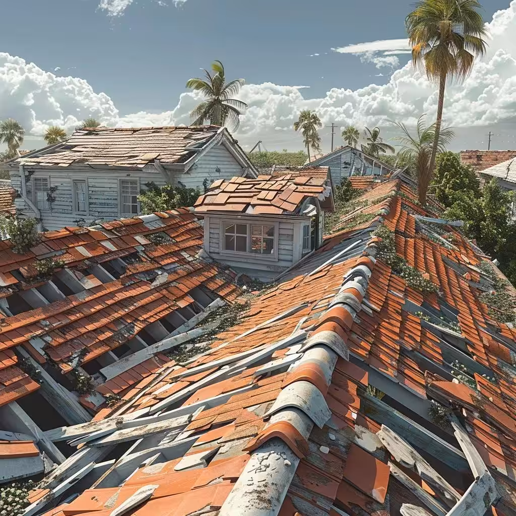 Damaged roof showing common failures like shingle blow-off and water intrusion