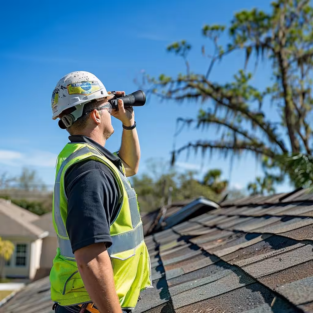 Professional roof inspector assessing damage safely after a hurricane