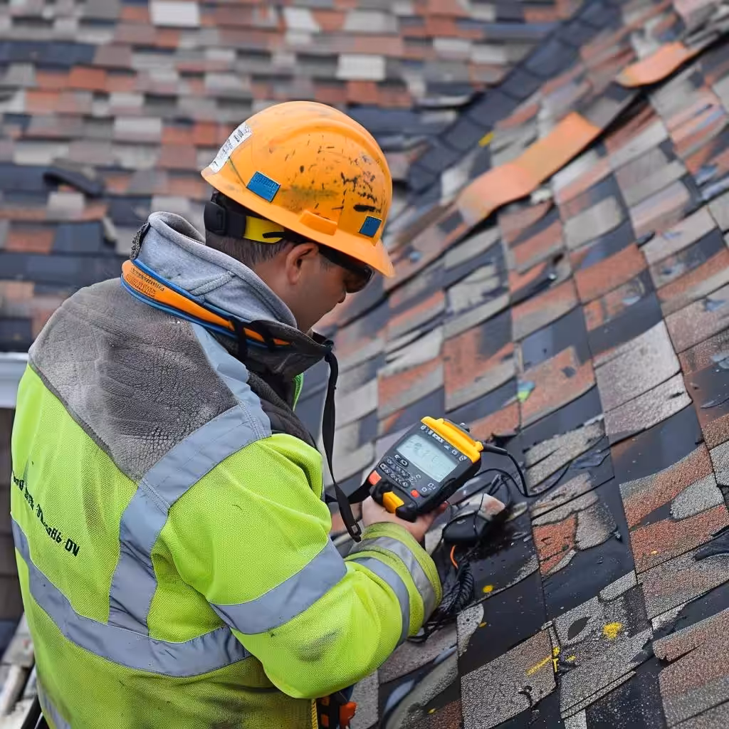 Storm damage evaluation expert inspecting a roof for damage with moisture meter and infrared camera