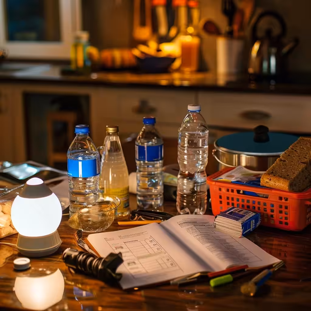 Hurricane preparedness checklist with emergency supplies on a kitchen table, highlighting readiness for storms