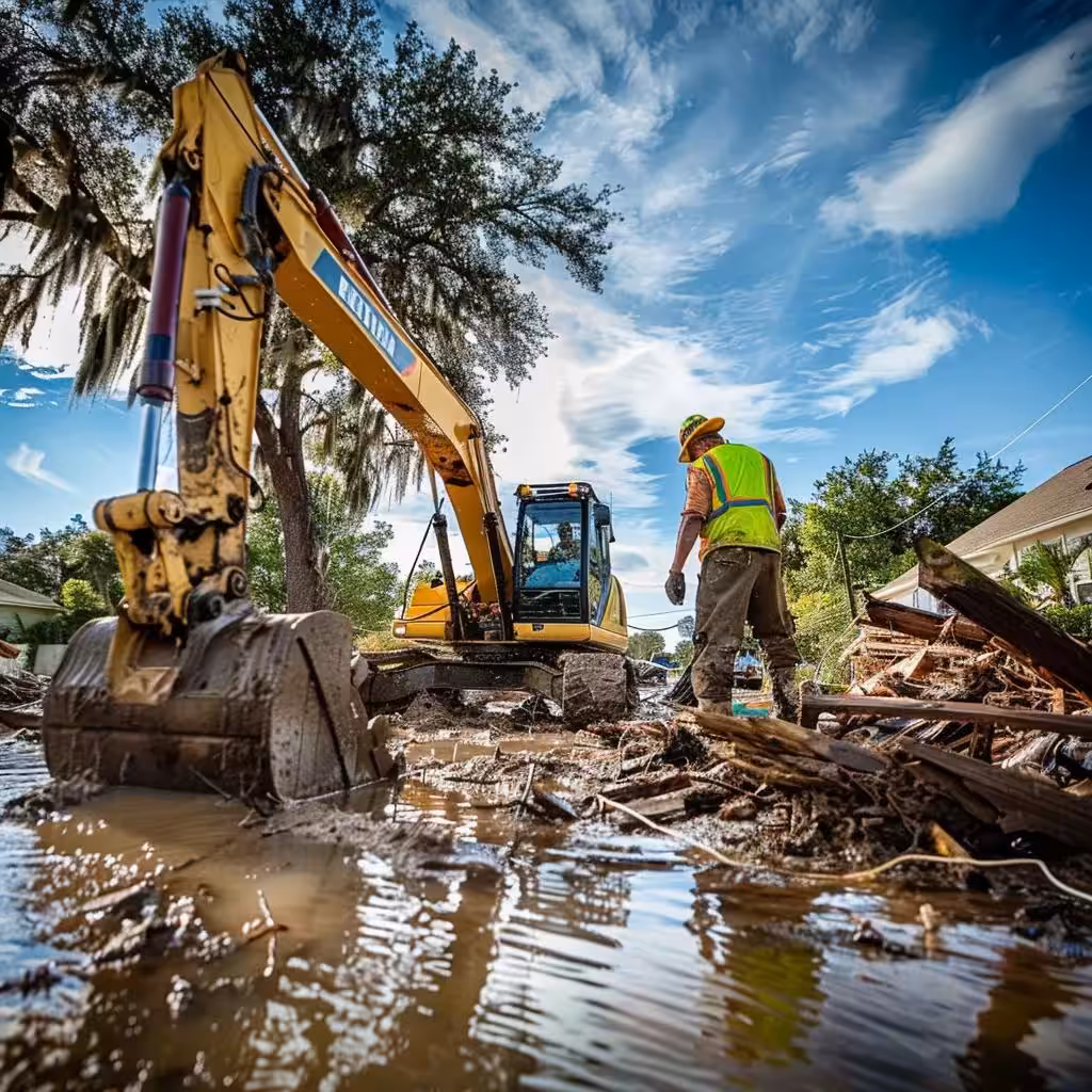 Professional debris removal team using machinery to clear storm debris efficiently