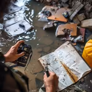 Person documenting flood damage with camera and notebook among affected items