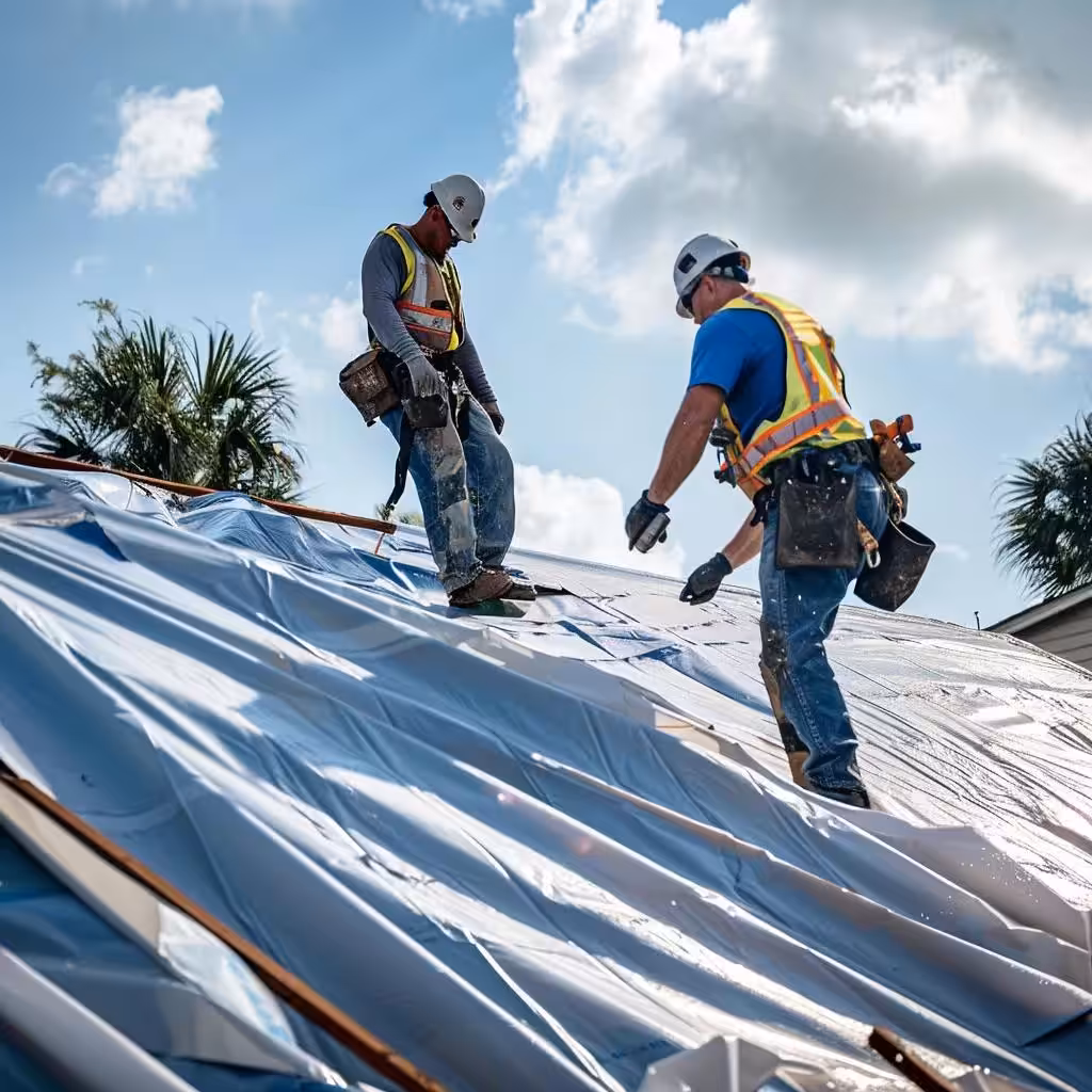Restoration team applying tarps to a hurricane-damaged roof to prevent water intrusion