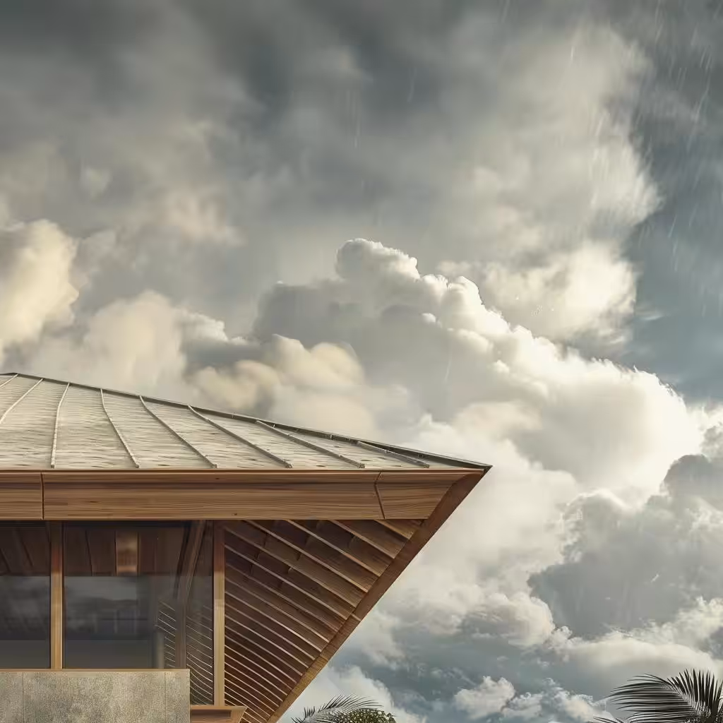 Aerodynamic hip roof design enhancing wind resistance in a coastal setting