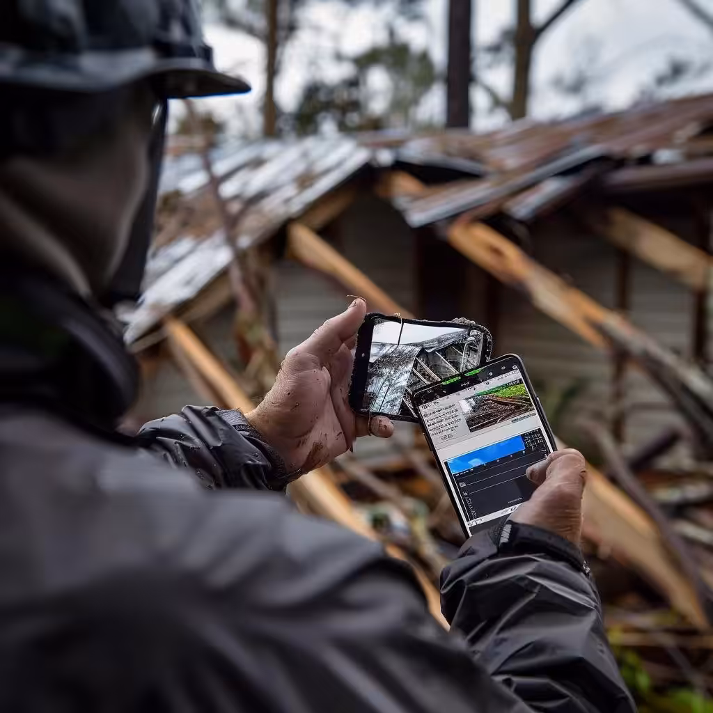 Homeowner documenting hurricane damage with a smartphone and notepad