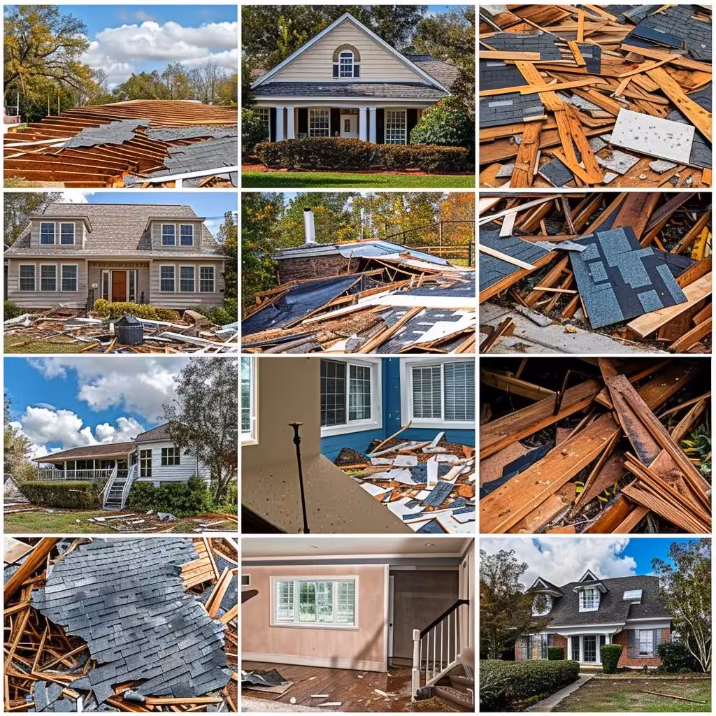 Collage of common hurricane damage types in Charlotte, including roof loss, broken windows, and flooding
