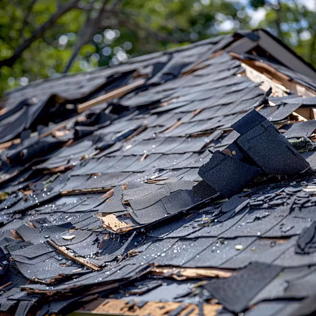 Examples of common types of hurricane roof damage including uplifted shingles and punctured tiles