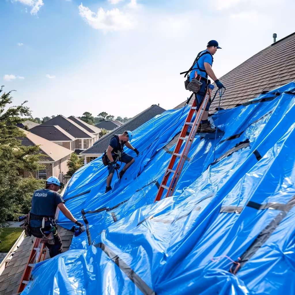Professional crew installing emergency tarping on a hurricane-damaged roof