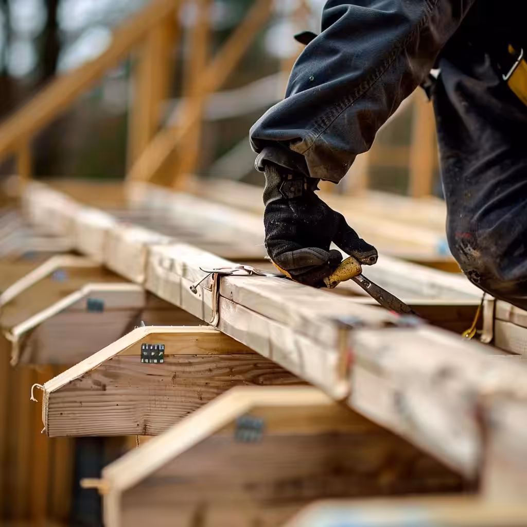 Construction worker installing hurricane straps for roof reinforcement