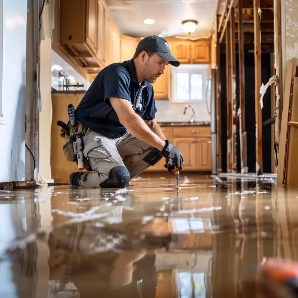 Technician assessing water damage during flood cleanup process