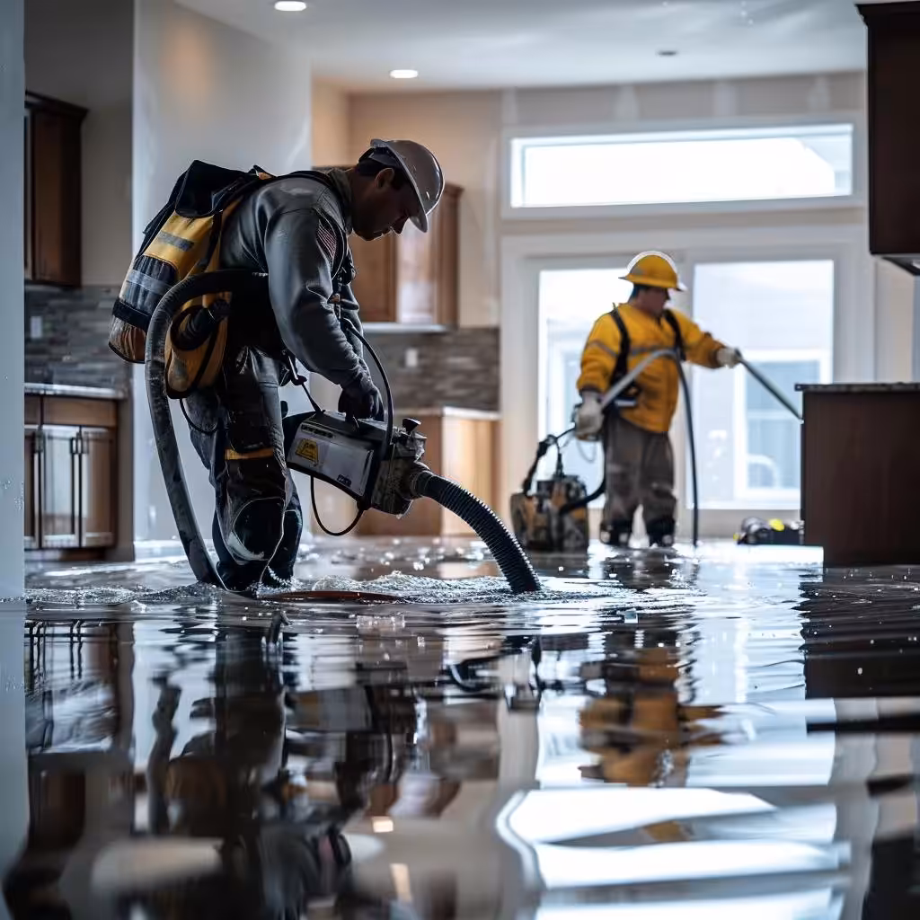 Professionals conducting water extraction in a flooded home