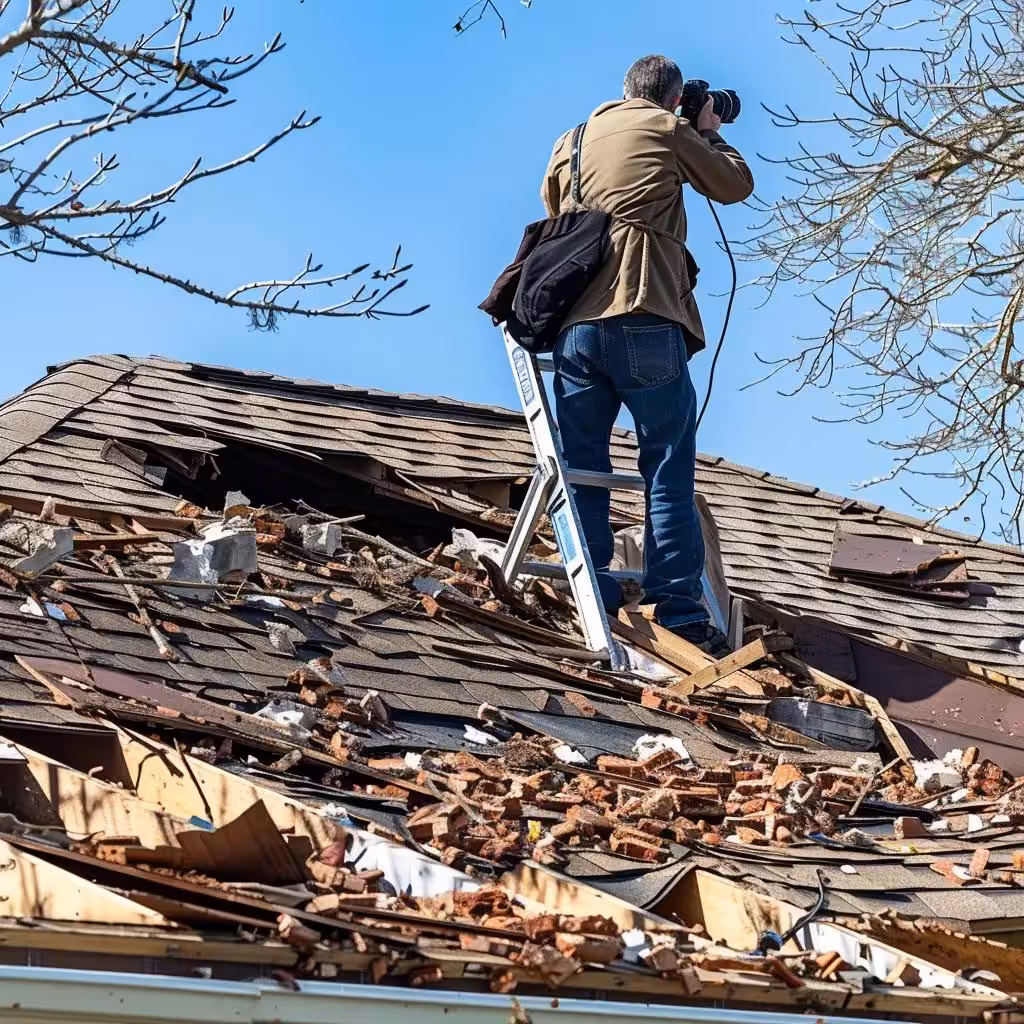Homeowner documenting roof damage with a camera after a hurricane