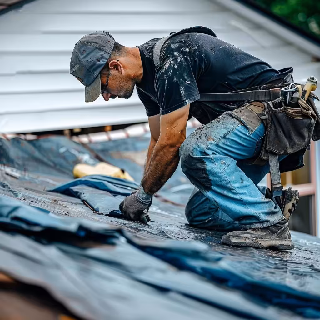 Contractor securing a tarp over a damaged roof during emergency repair process