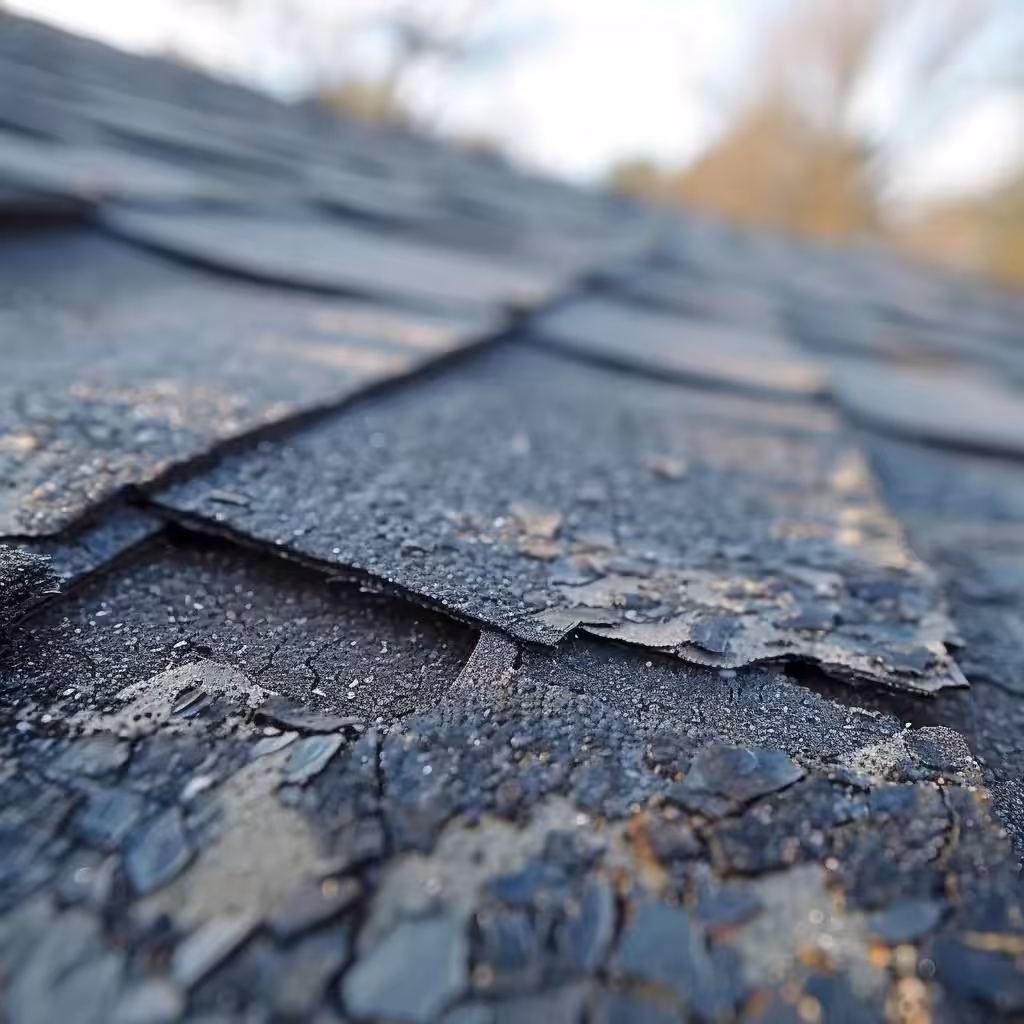 Close-up of wind-damaged asphalt shingles showing curled and missing tabs