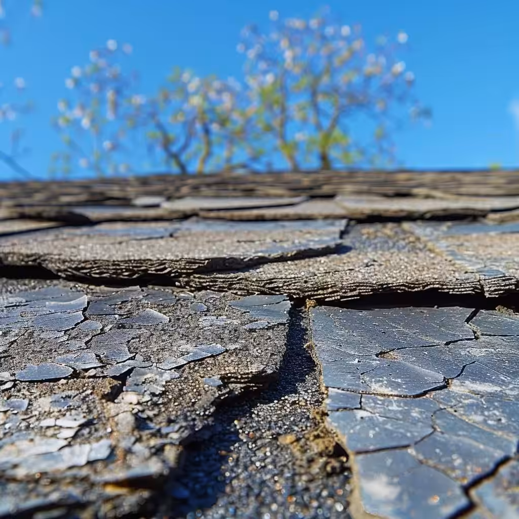 Close-up of roof shingles with wind damage, showing lifted edges and missing pieces
