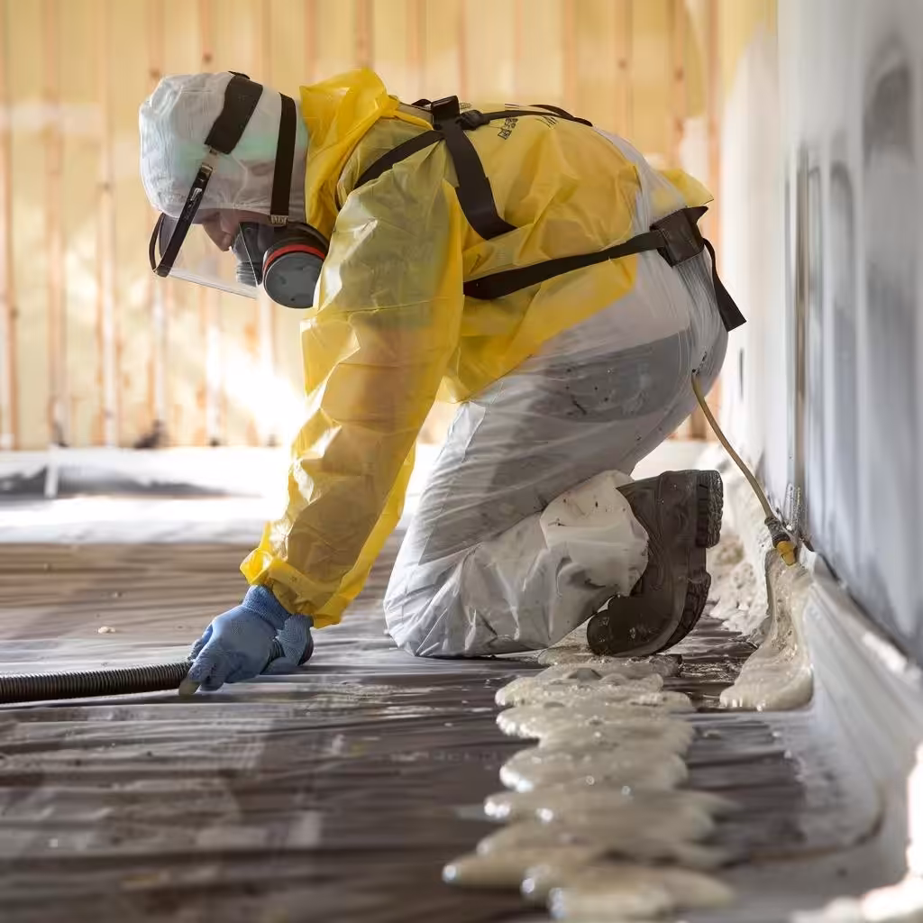 Technician performing safe mold removal in a home