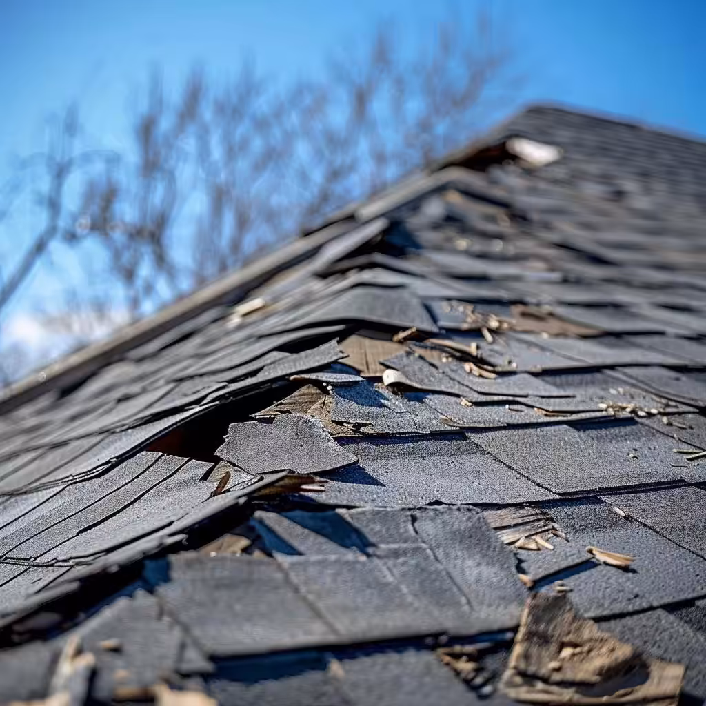 Close-up of a damaged roof with missing shingles and broken siding from wind damage