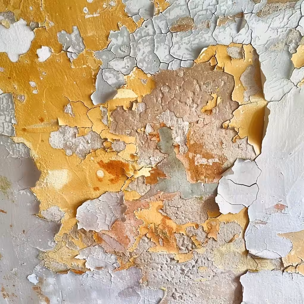 Ceiling with water stains and peeling paint, indicating roof leaks after a storm