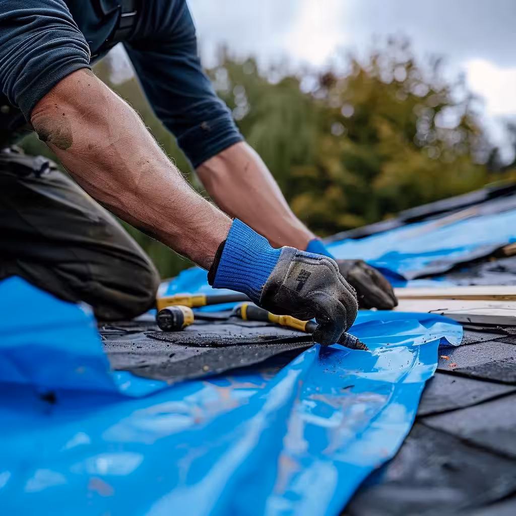 Homeowner making temporary repairs to a damaged roof after a hurricane
