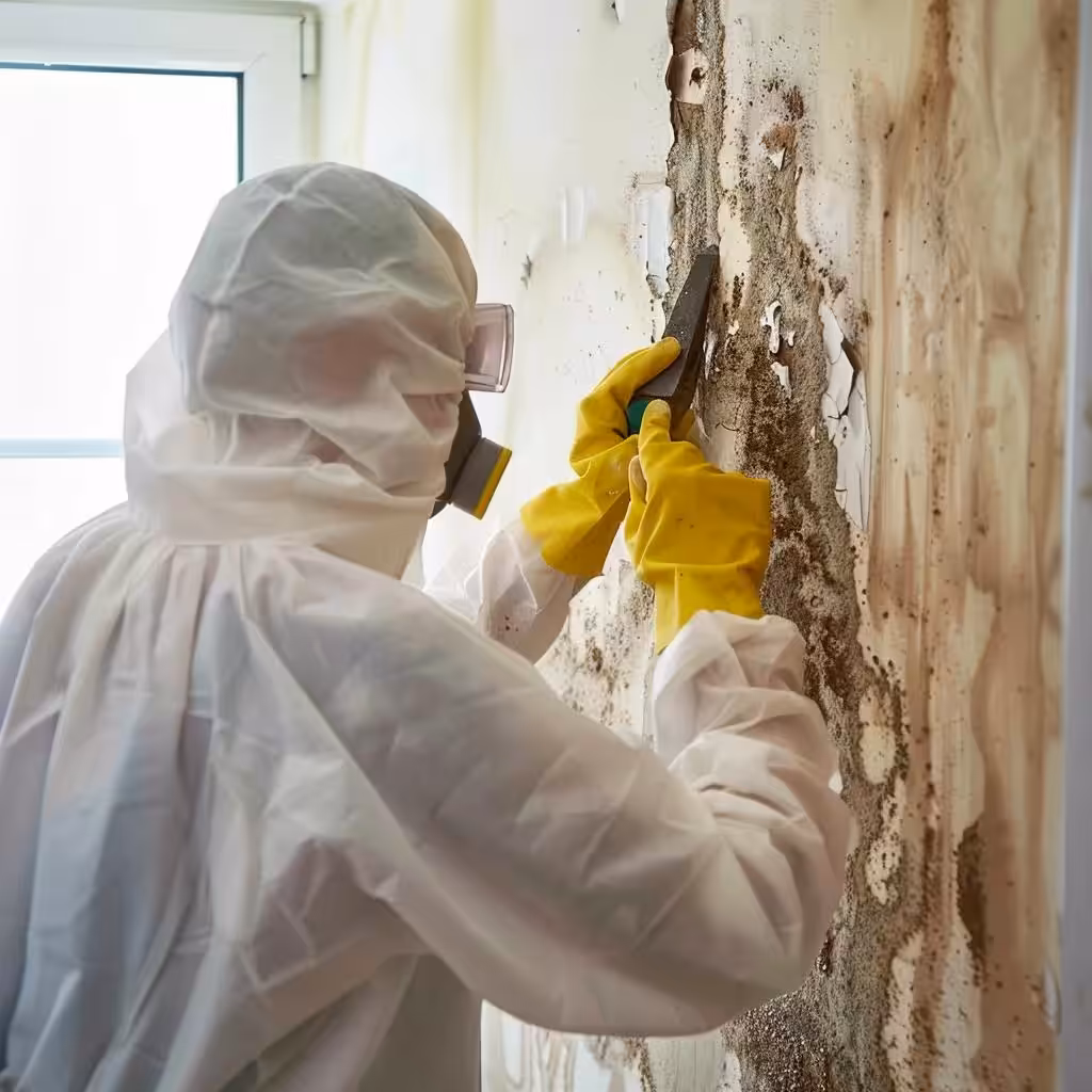 Mold remediation team inspecting wall for early signs of mold growth after water damage