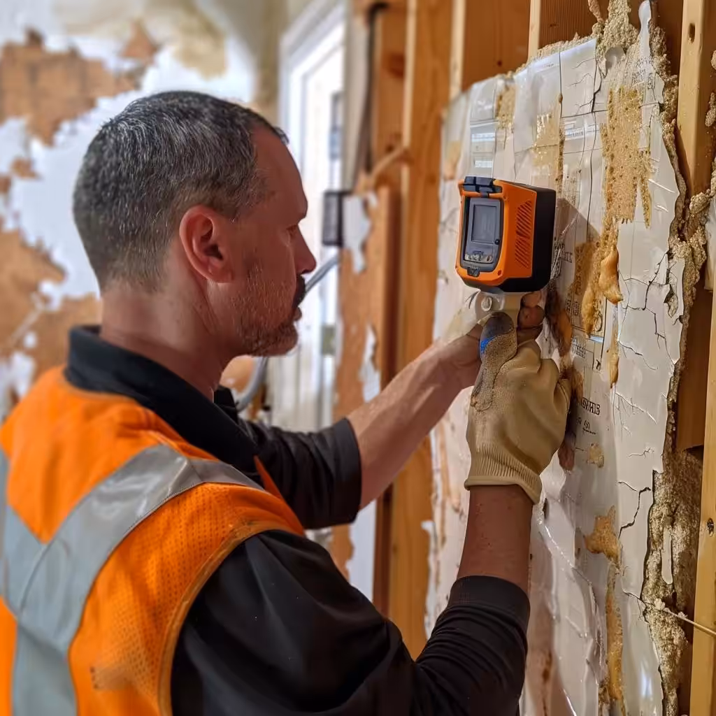 Technician using thermal imaging to detect moisture in a wall