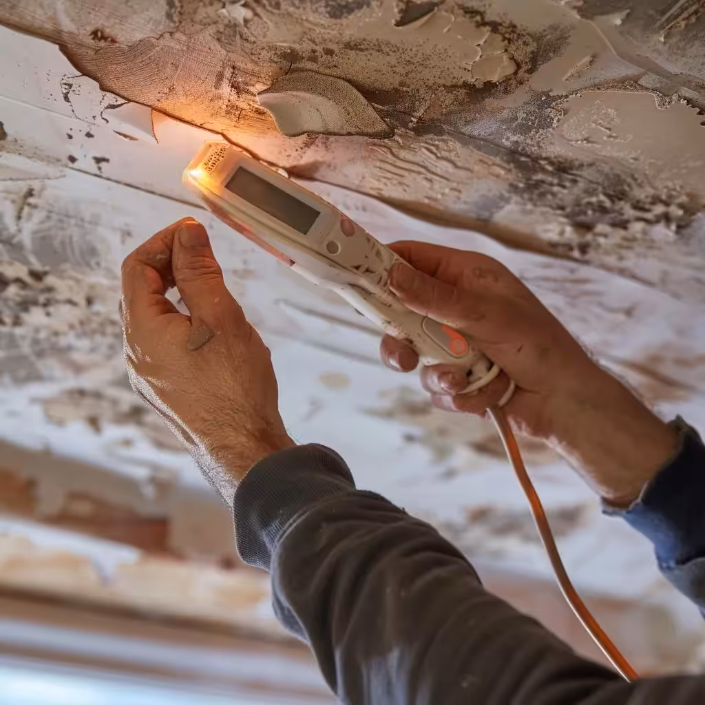 Homeowner using a moisture meter to detect water damage on a stained ceiling