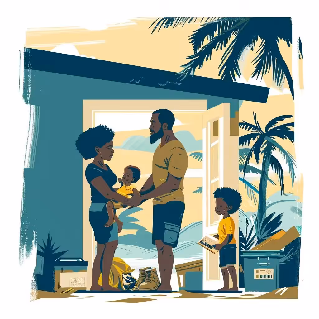 Family preparing for a hurricane by securing outdoor items and reviewing a checklist