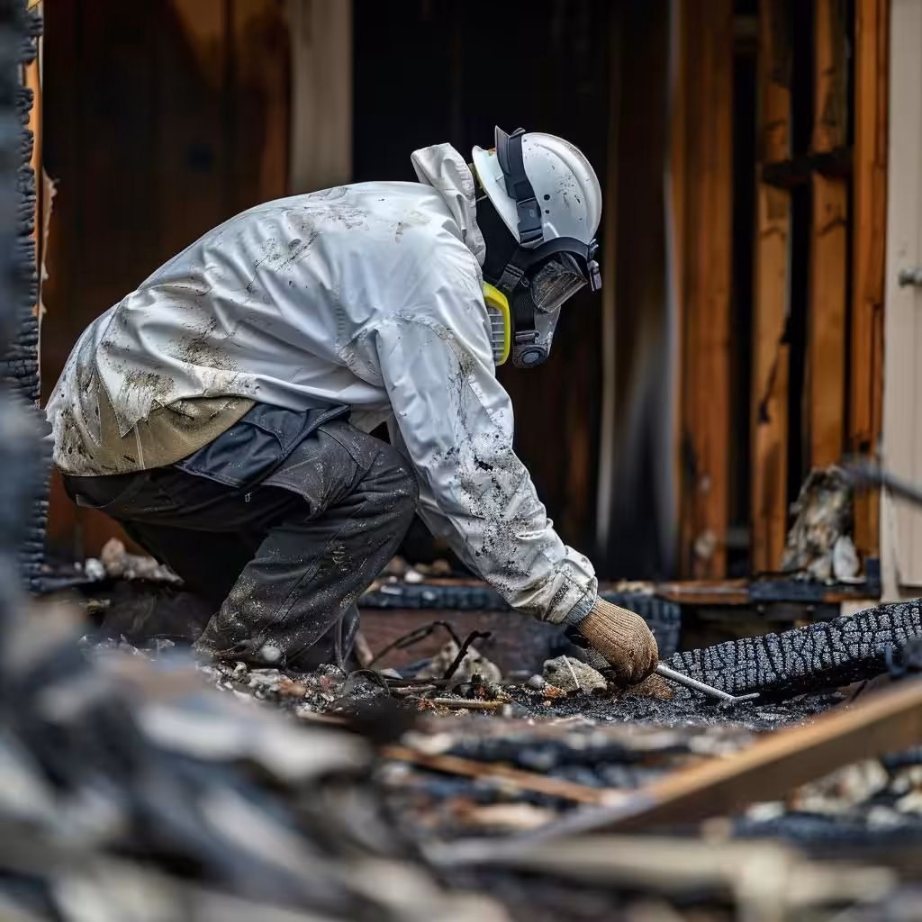 Contractor managing fire damage debris in a residential area