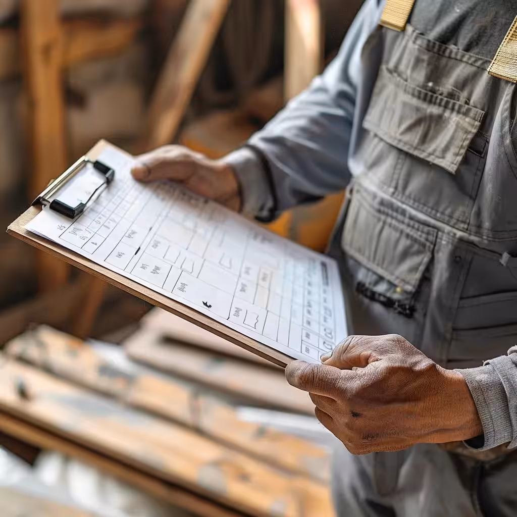 Construction worker reviewing hurricane repair cost estimates