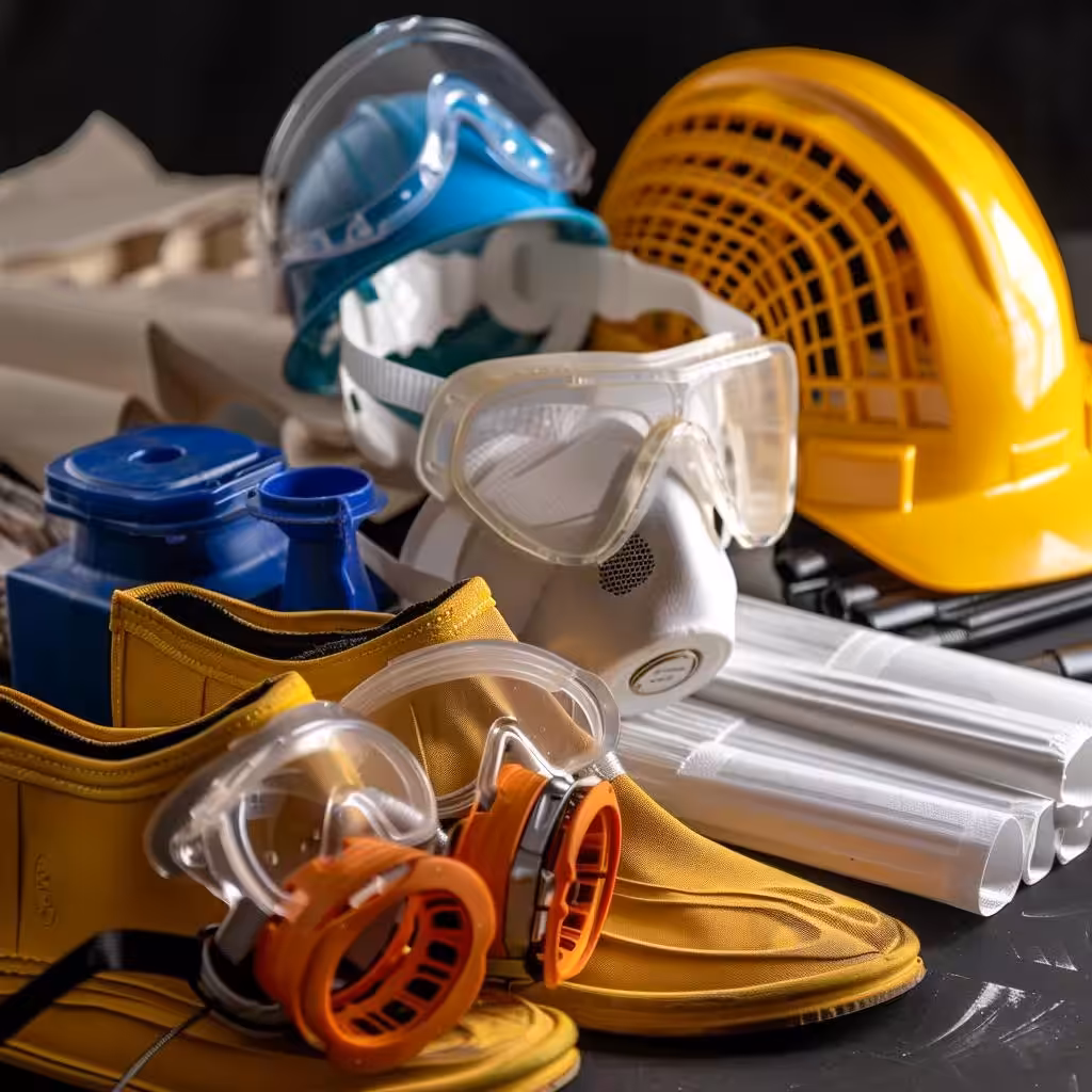 Essential personal protective equipment for hurricane debris cleanup including gloves, boots, masks, and goggles