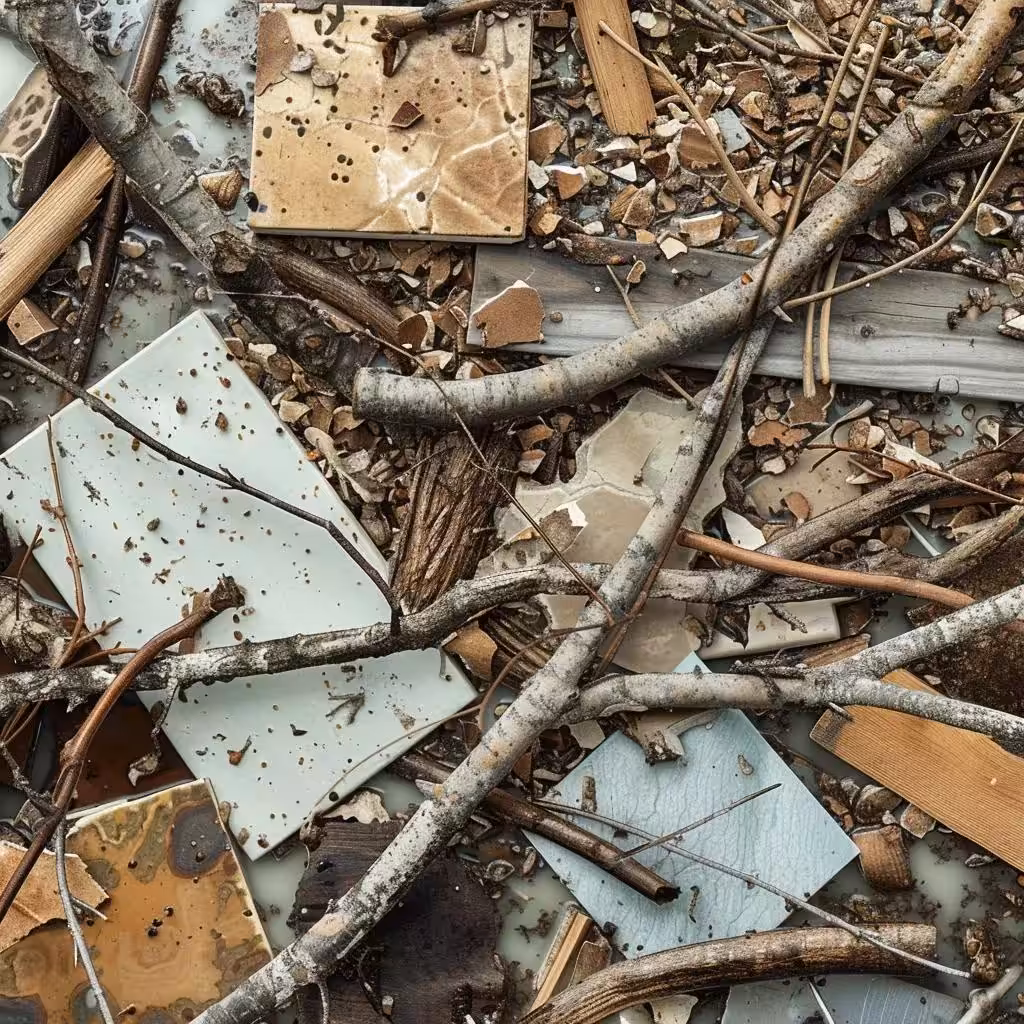 Variety of storm debris including branches and shingles in a Charlotte neighborhood