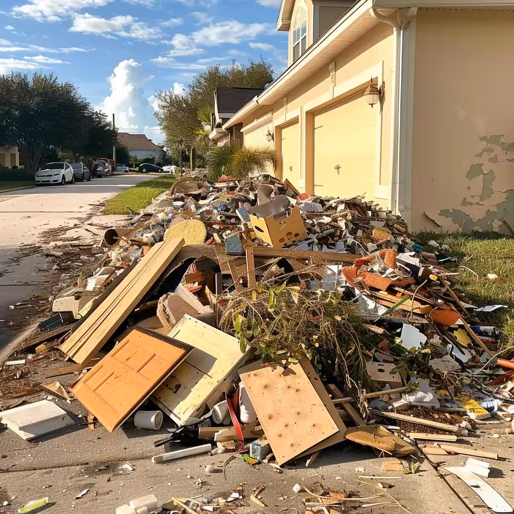 Organized piles of hurricane debris sorted by type for efficient pickup, showcasing best practices in debris management