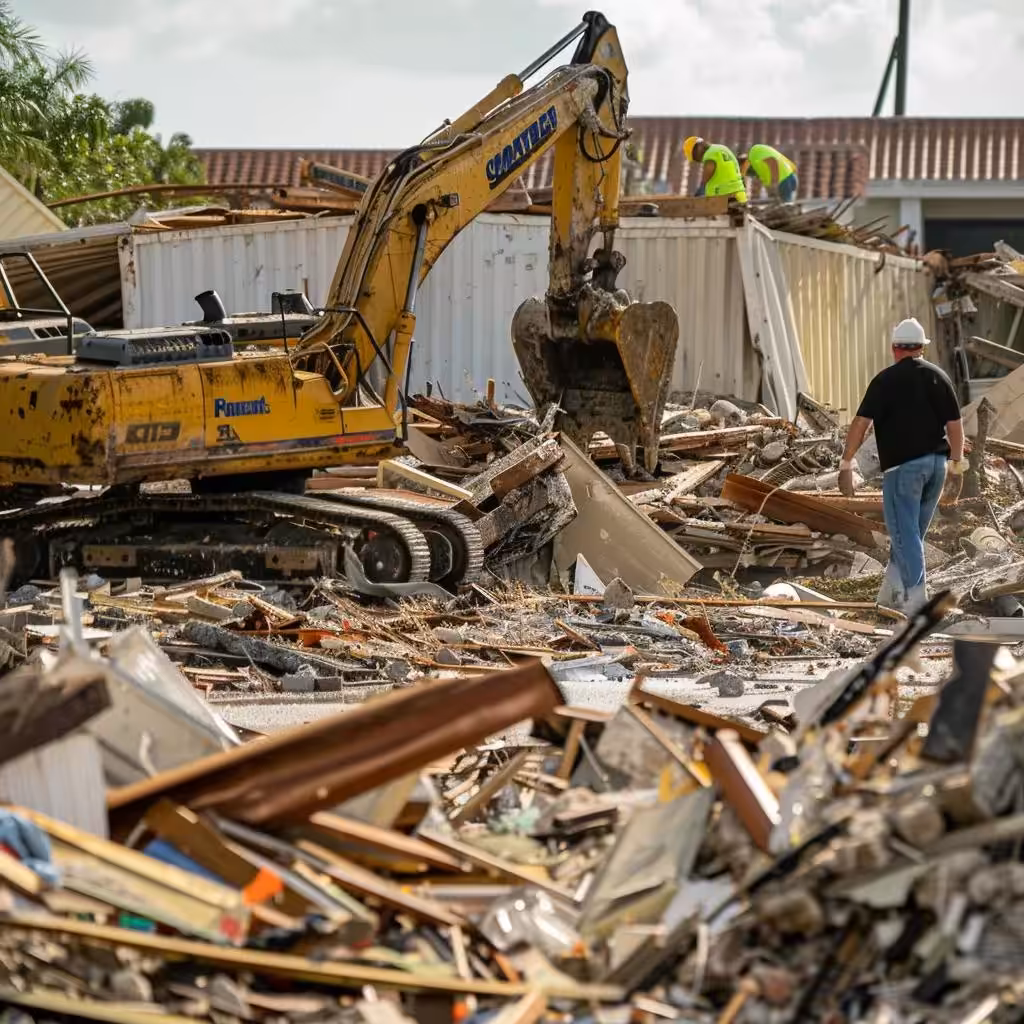 Crew managing complex debris challenges during commercial hurricane cleanup